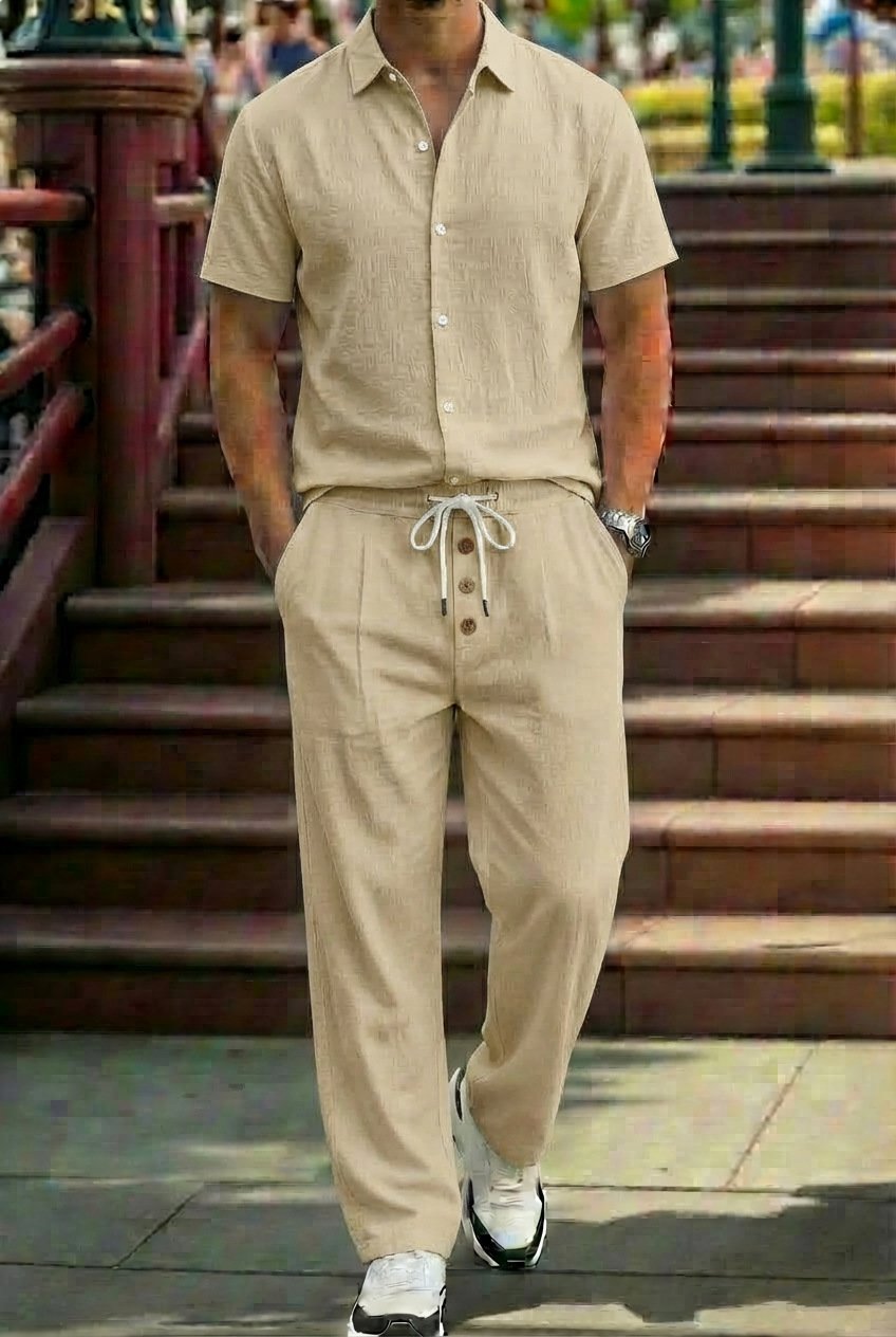 Mens Breathable Lapel Collar Linen Shirt And Trousers Set - Image 10