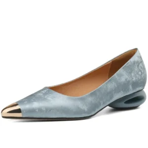 Silk Leather Metal-Toe Sculptural Low Women Heel