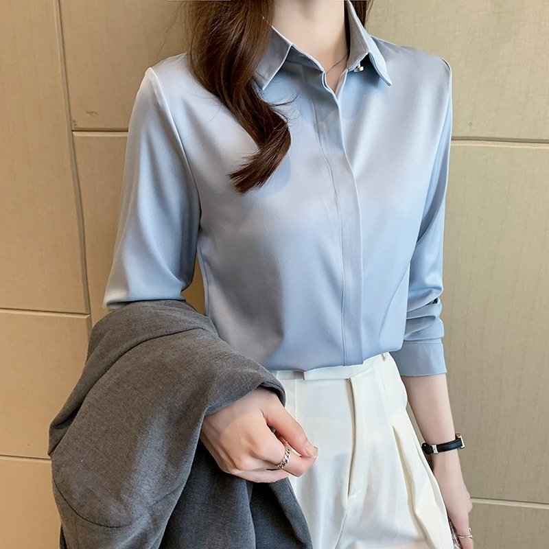 Elegant Long Sleeve Slim Fit Silk-Feel Hidden-Button Blouse - Image 2