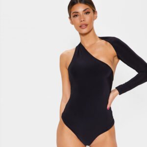 Asymmetric One-Shoulder Long Sleeve Bodysuit in Premium Milk Silk