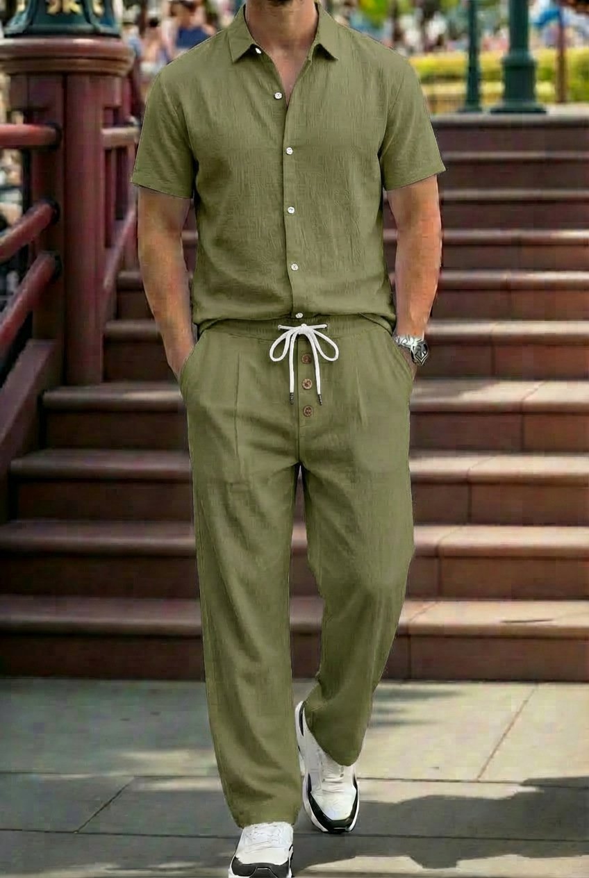 Mens Breathable Lapel Collar Linen Shirt And Trousers Set - Image 8