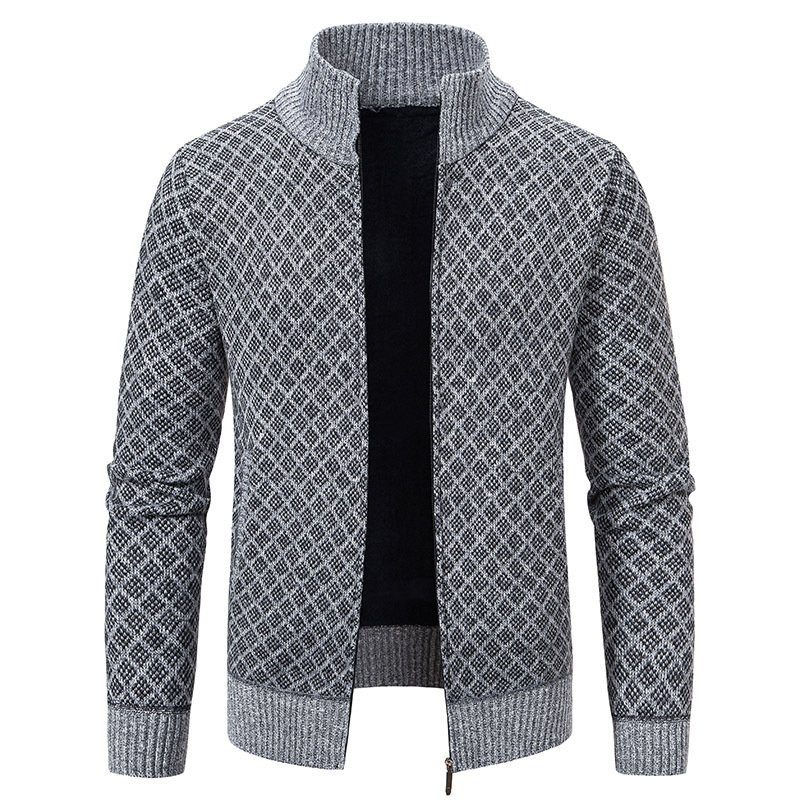Men's Plaid Zip Cardigan Sweater | Fleece Lined Winter Stand Collar Knit Jacket - Image 3