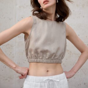 Tencel Linen Crop Top Women's Waist-Cinched Short Vest Style Linen Sleeveless Pullover