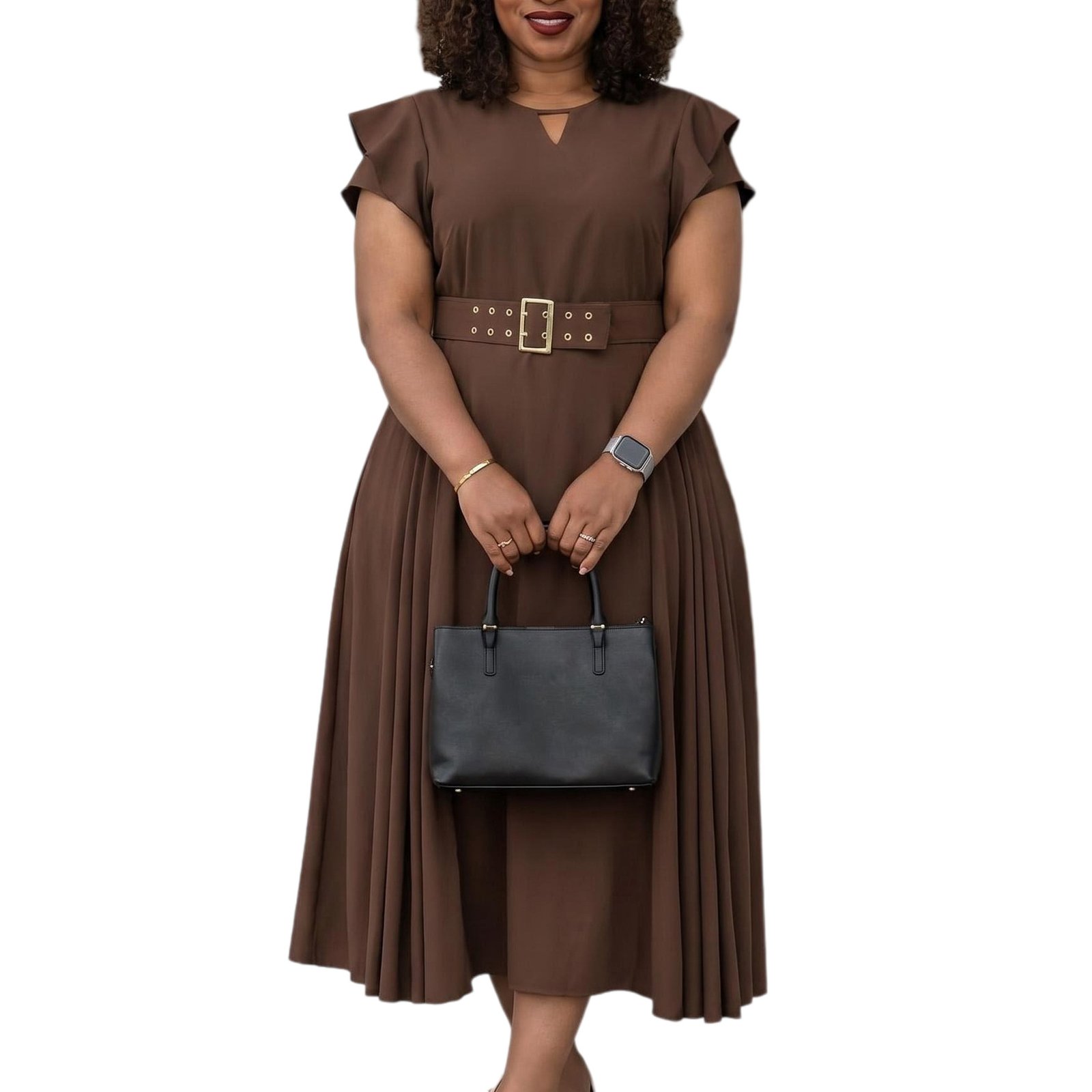 Flutter Sleeve Pleated A-Line Midi Dress with Matching Grommet Belt - Image 7
