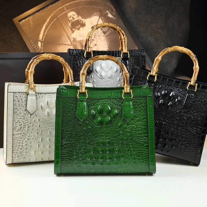 Crocodile-Embossed Bamboo Handle Women Shoulder Messenger Bag - Image 3