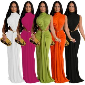 Goddess Energy: High-Neck Ruched Maxi Gown with Metal O-Ring and Side Cutouts