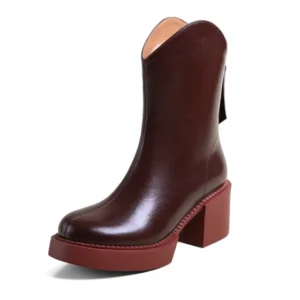 Genuine Leather Round Toe Chunky Heel Platform Chelsea Boots