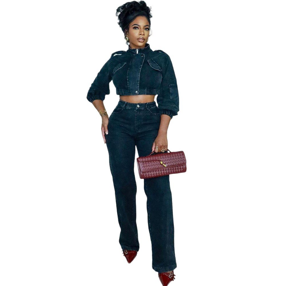 Uptown Classy Long Sleeve Cropped Denim Jacket High Waist Denim Pants Set - Image 5