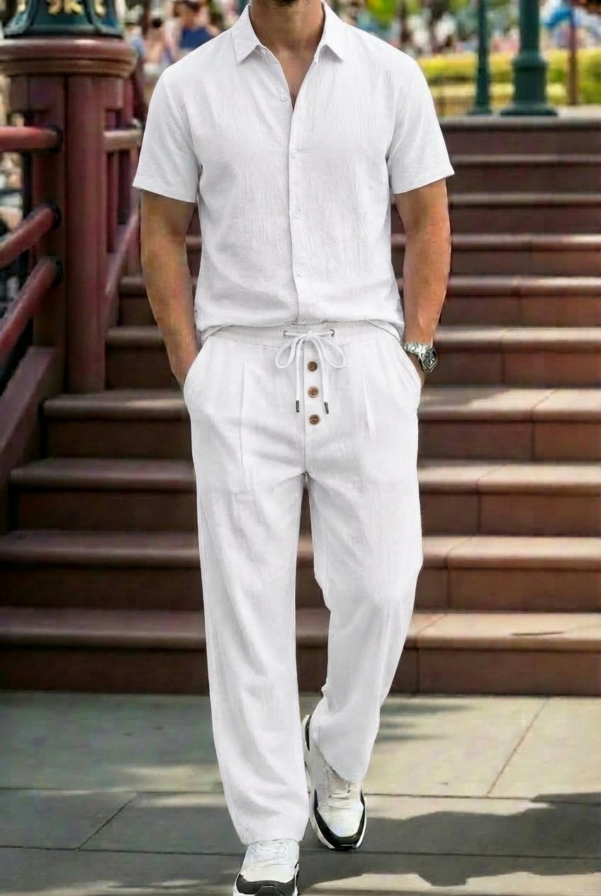 Mens Breathable Lapel Collar Linen Shirt And Trousers Set - Image 7