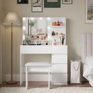 LuxeGlow Hollywood Makeup Vanity Desk Set with LED Mirror, Charging Station & Storage Stool | White