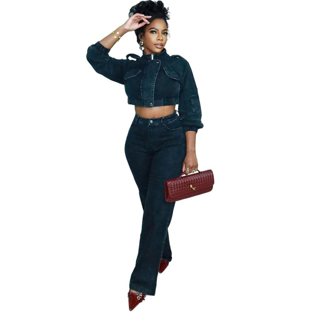 Uptown Classy Long Sleeve Cropped Denim Jacket High Waist Denim Pants Set - Image 4
