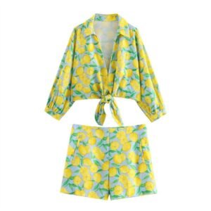 Lemon Print Long Sleeves Linen Tie Knot Top Women Shorts Set