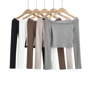 Aura Line Off Shoulder Long Sleeve Cotton Knit Women Top