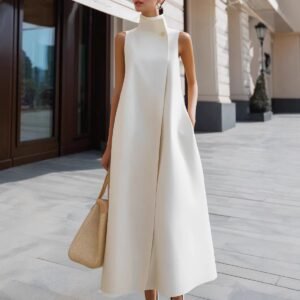 First Lady Elegant Sleeveless Single Button Stand Collar Maxi Dress