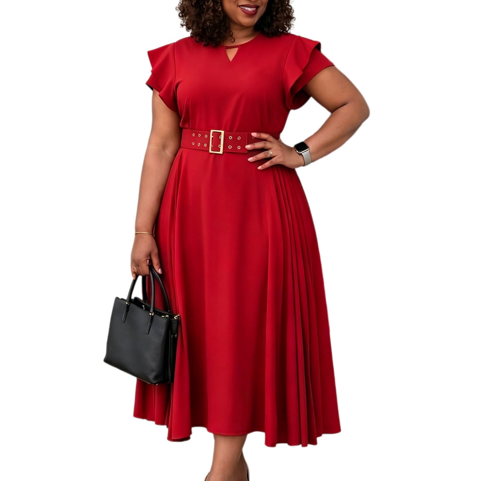 Flutter Sleeve Pleated A-Line Midi Dress with Matching Grommet Belt