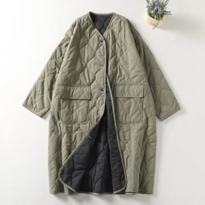 Collarless Single-Breasted Cotton Oversized Long Women Coat