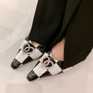 Women's Checkerboard Genuine Leather Mules – Pointed Toe High Heel Sandals with Rhinestone Heart Accent