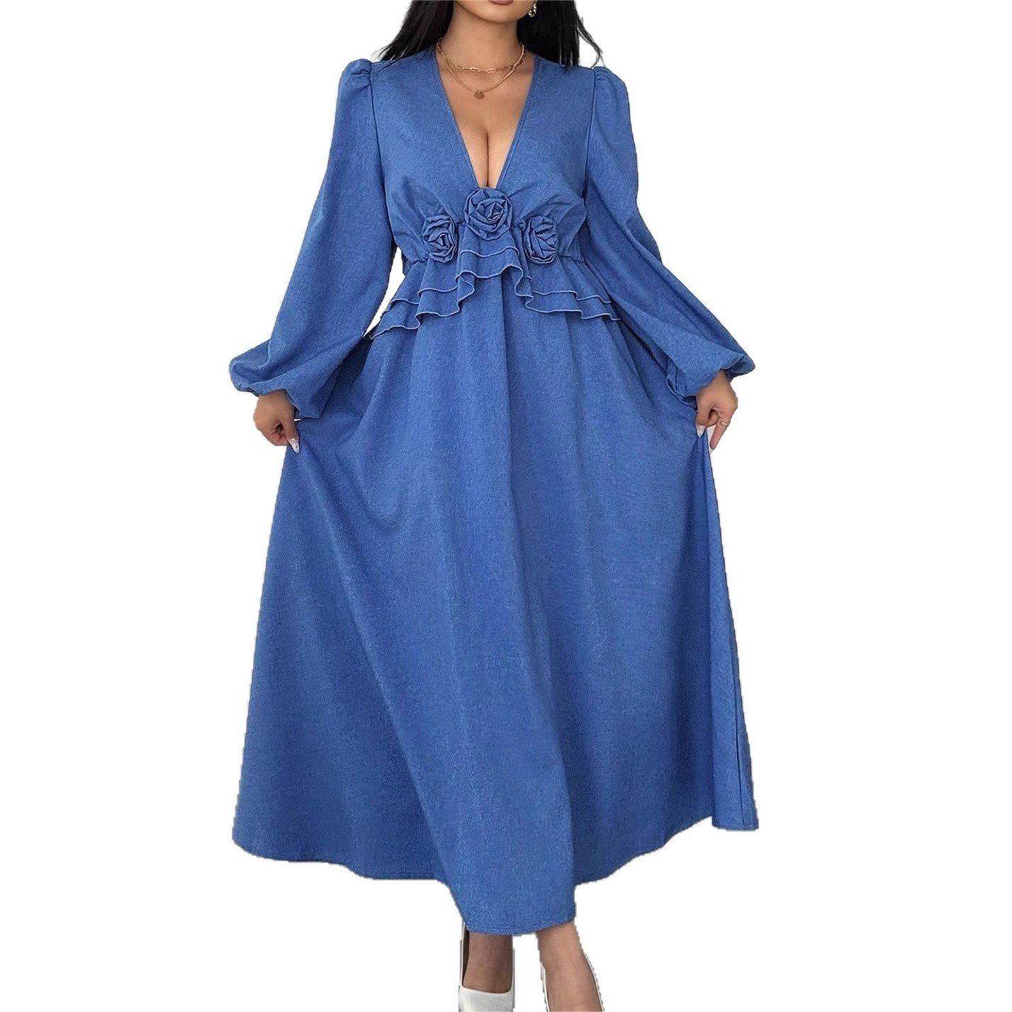Weekend Luxe V-Neck Waist Cinching Long Sleevee Flower Accent Maxi Dress - Image 5