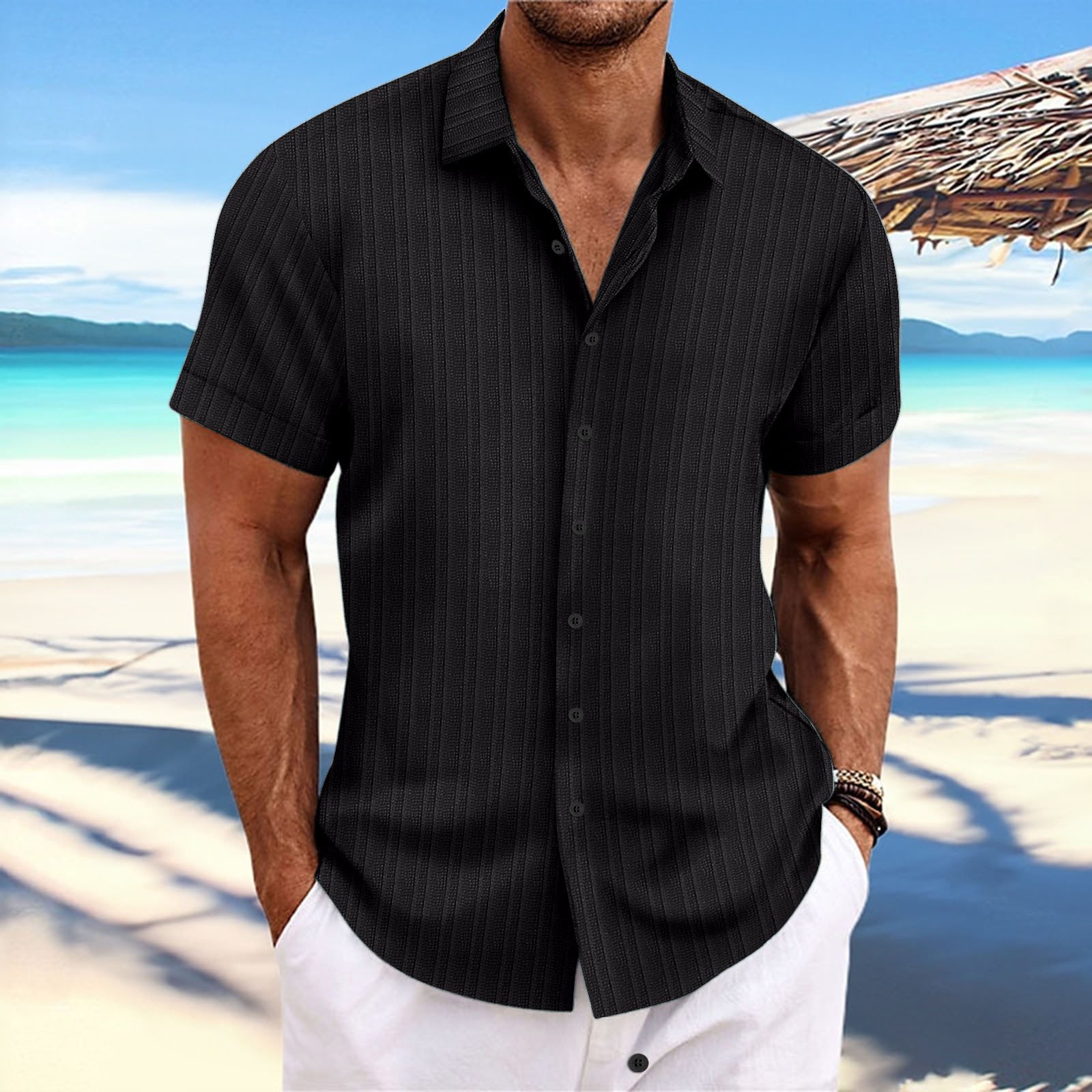 Short Sleeve Button Down Linen Men Shirt - Image 4