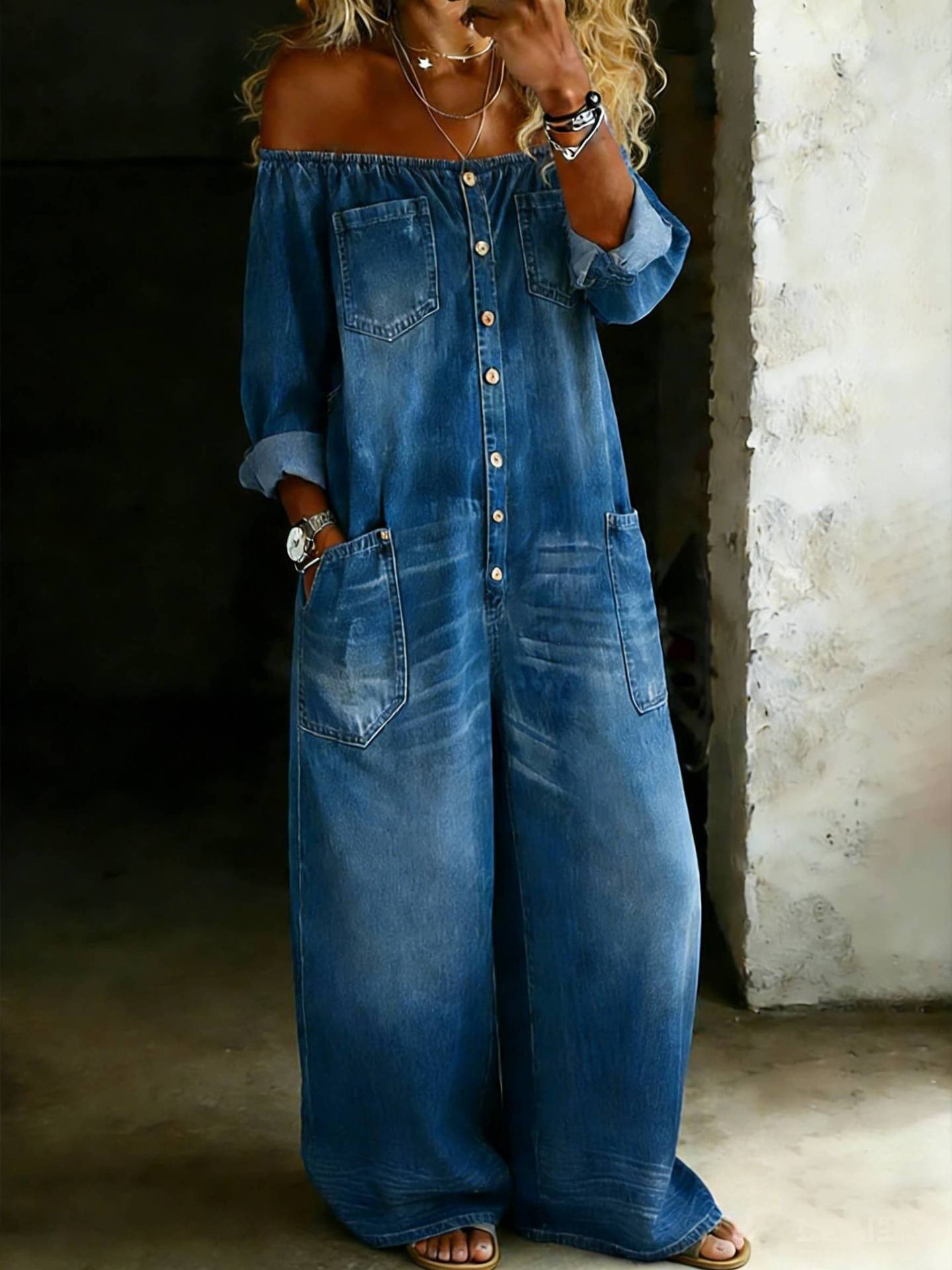 Coastal Chic Single-Breasted Off-Shoulder Washed Women Overalls - Image 6
