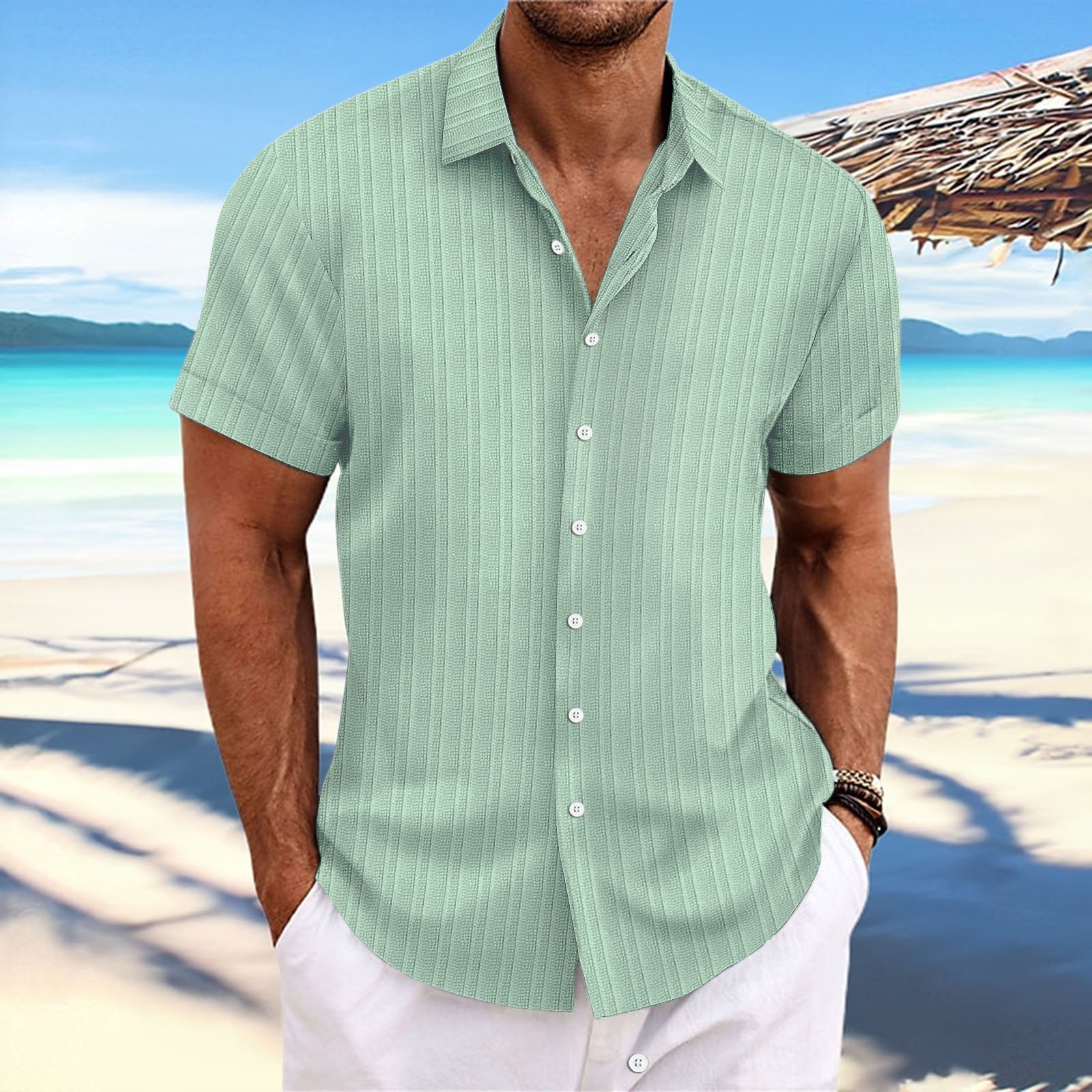 Short Sleeve Button Down Linen Men Shirt - Image 12