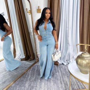 Modern Muse Collared Sleeveless Backless Women Denim Pants Jumpsuit