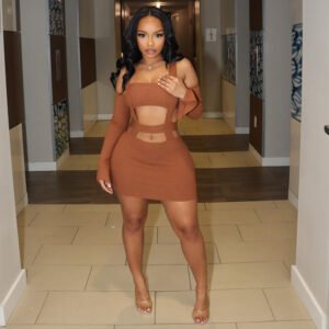 Hourglass Envy: Ribbed Knit Cold-Shoulder Cutout Mini Dress in Camel Brown