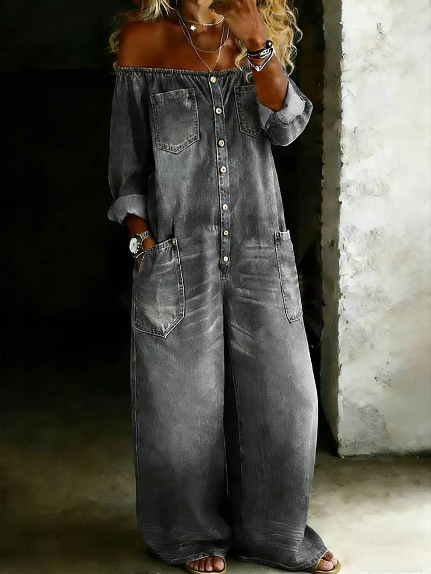 Coastal Chic Single-Breasted Off-Shoulder Washed Women Overalls - Image 9