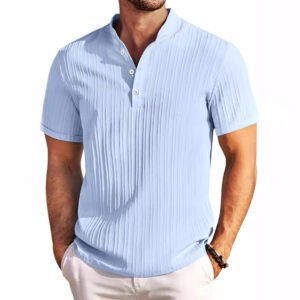 Short Sleeve Quarter Button Stand Collar Men Shirt