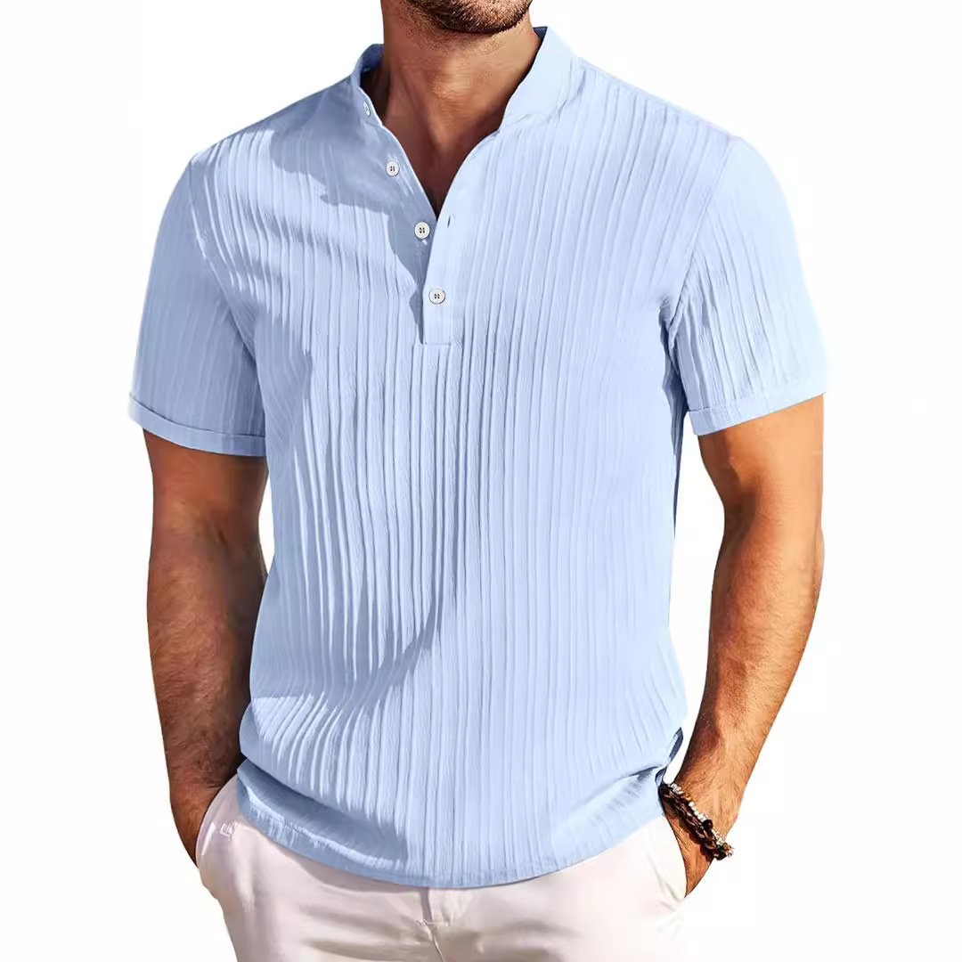 Short Sleeve Quarter Button Stand Collar Men Shirt
