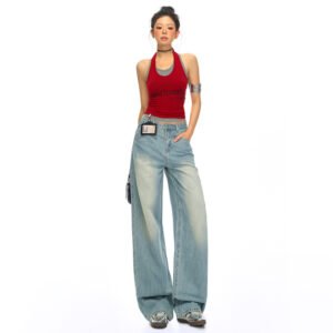 Y2K High-Waisted Wide Leg Light Wash Denim Blue Jeans