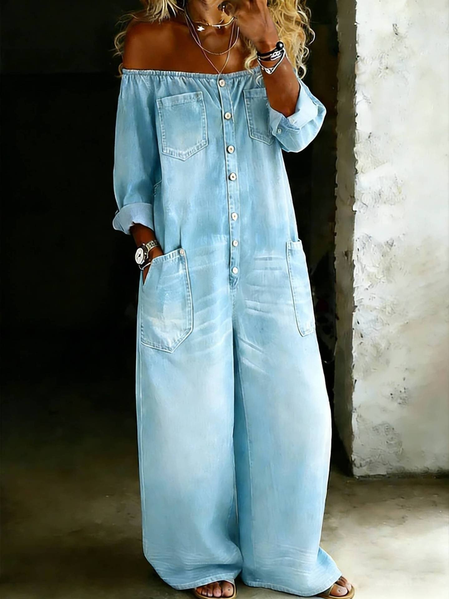 Coastal Chic Single-Breasted Off-Shoulder Washed Women Overalls - Image 8