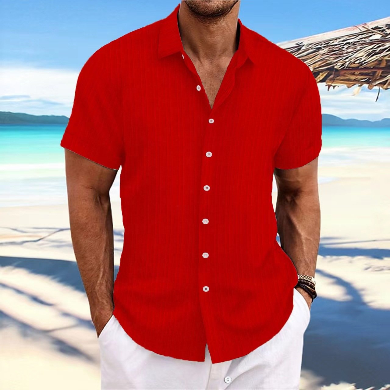 Short Sleeve Button Down Linen Men Shirt - Image 8