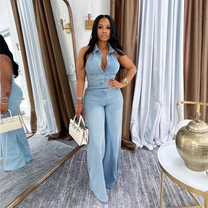 Modern Muse Collared Sleeveless Backless Women Denim Pants Jumpsuit - Image 2