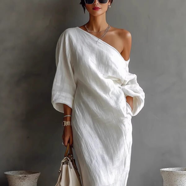 one sleeve loose dress Eawtki Women's One Shoulder Puff Sleeve Maxi Dress With Pockets Loose Fit Casual Summer Linen Blend Dress