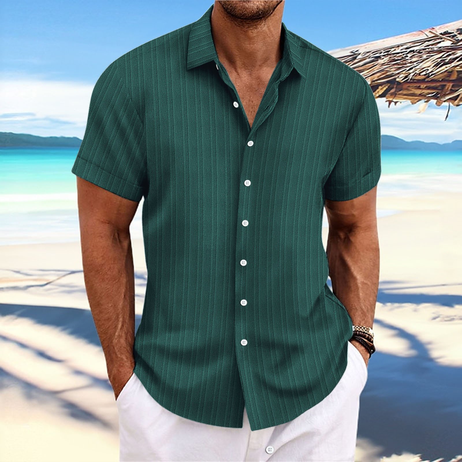 Short Sleeve Button Down Linen Men Shirt - Image 13