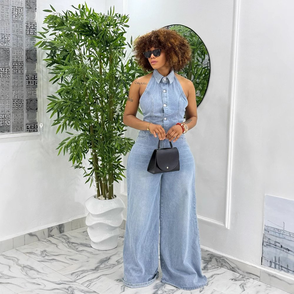 Azure Desire Collared Wide Leg Denim Jumpsuit - Image 2