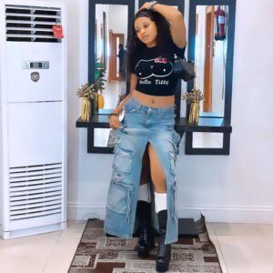 High-Waisted Middle Slit Multi-pockets Midi Denim Skirt