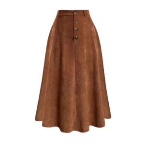 High-Waisted Faux Suede Button-Front A-Line Midi Skirt in Chestnut Brown