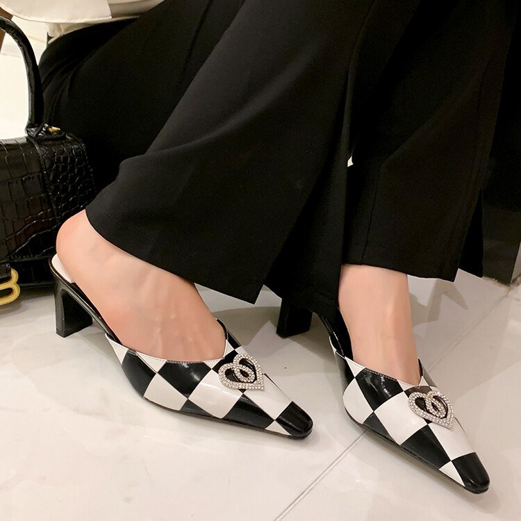 Women's Checkerboard Genuine Leather Mules – Pointed Toe High Heel Sandals with Rhinestone Heart Accent - Image 5