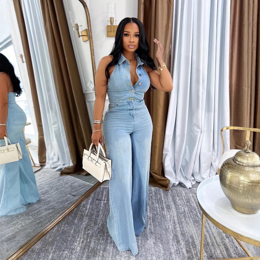Modern Muse Collared Sleeveless Backless Women Denim Pants Jumpsuit - Image 5