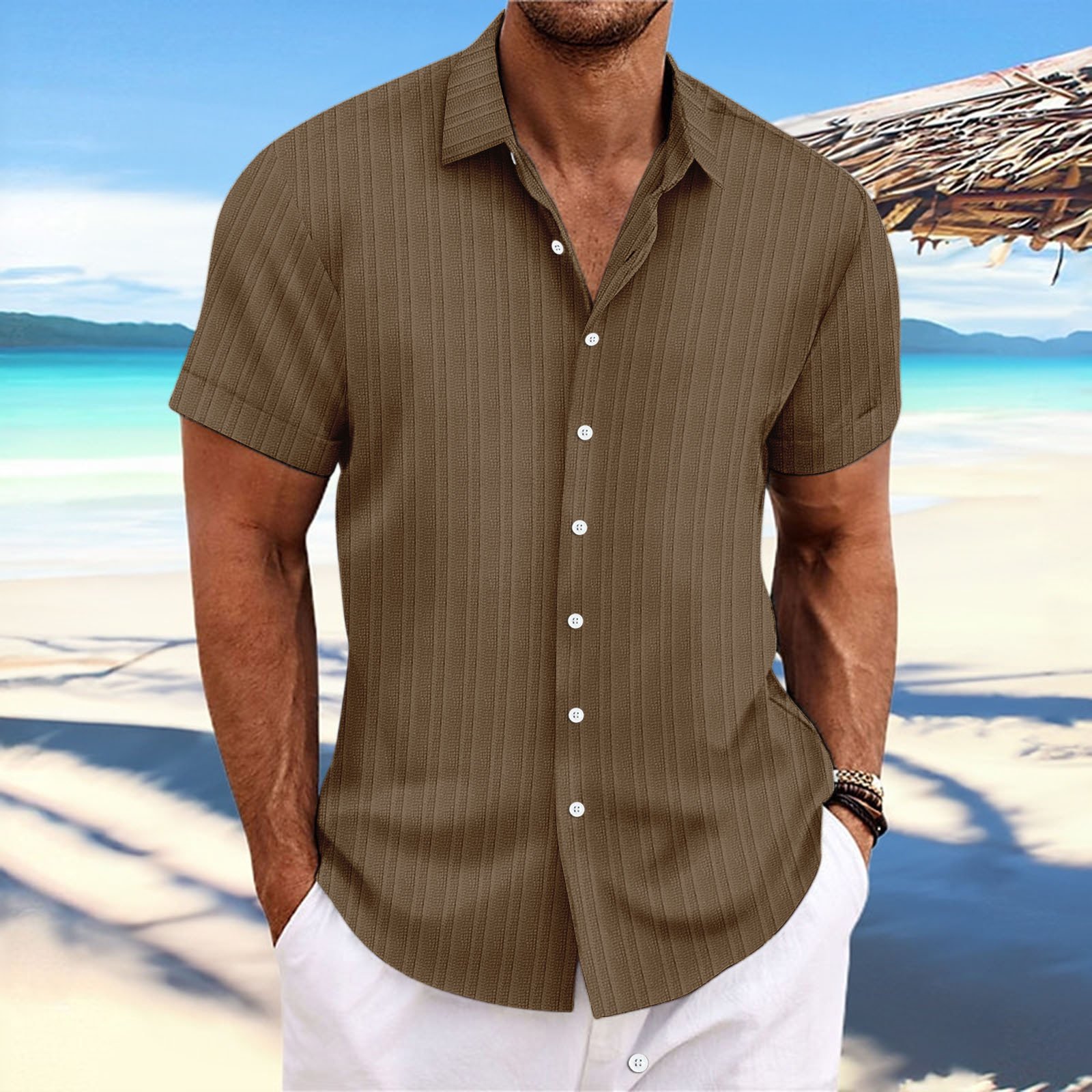 Short Sleeve Button Down Linen Men Shirt - Image 17