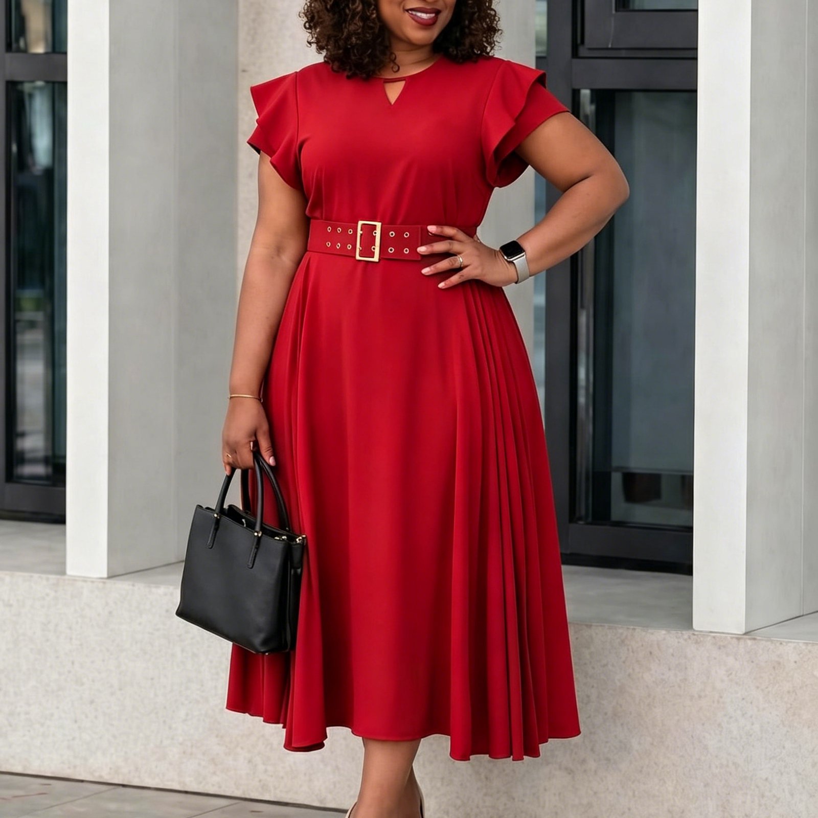 Flutter Sleeve Pleated A-Line Midi Dress with Matching Grommet Belt - Image 4