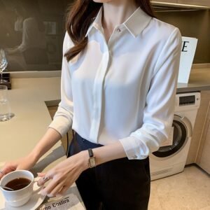 Elegant Long Sleeve Slim Fit Silk-Feel Hidden-Button Blouse
