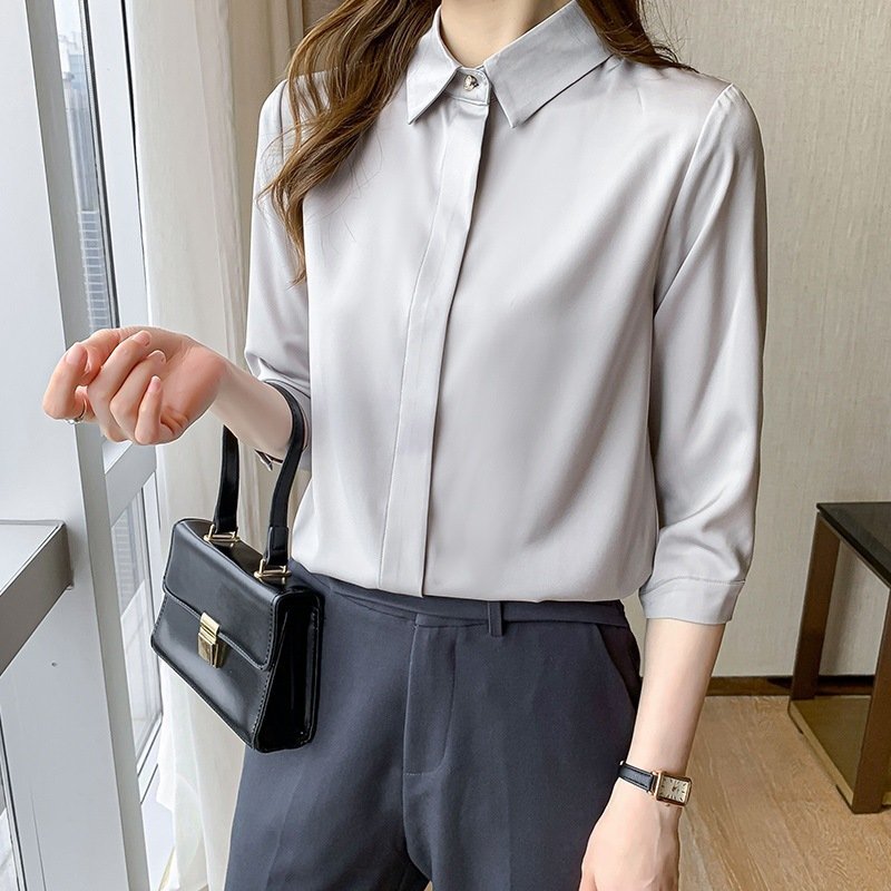 Elegant Long Sleeve Slim Fit Silk-Feel Hidden-Button Blouse - Image 8