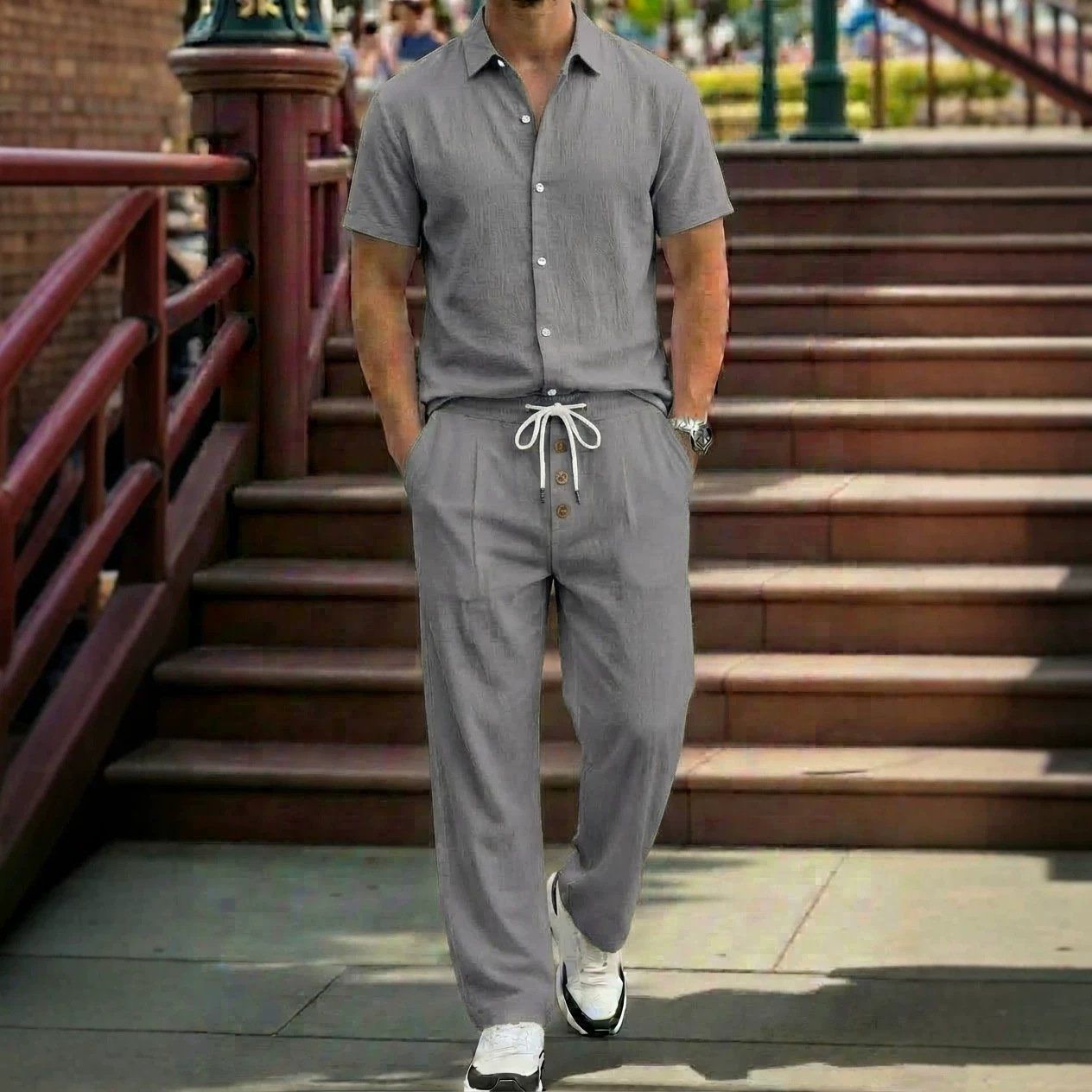 Mens Breathable Lapel Collar Linen Shirt And Trousers Set - Image 9