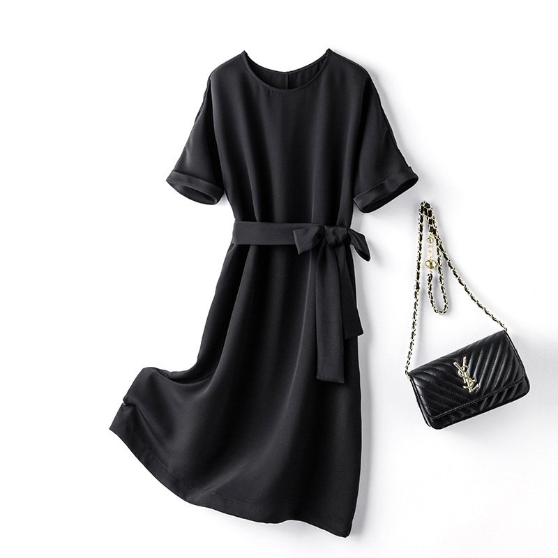 Round Neckline Cuffed Short Sleeves Silk Shift Dress with Self-Tie Belt - Image 2