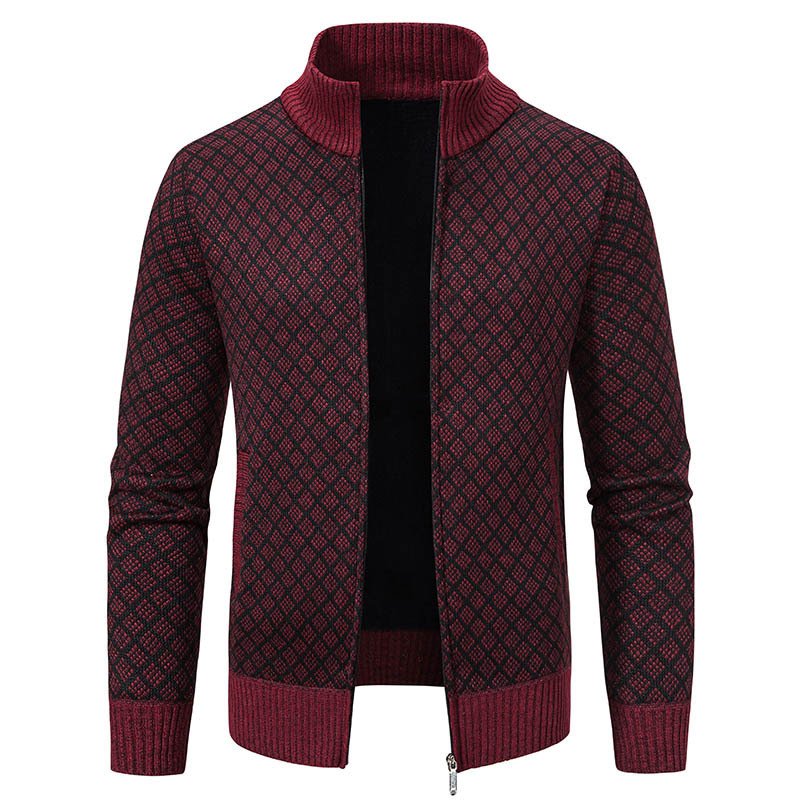 Men's Plaid Zip Cardigan Sweater | Fleece Lined Winter Stand Collar Knit Jacket - Image 4