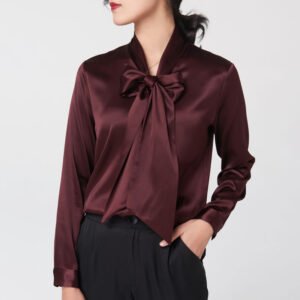 Women’s Premium Mulberry Silk Blouse – Elegant Pussy-Bow Tie Neck Long Sleeve Button-Down Shirt