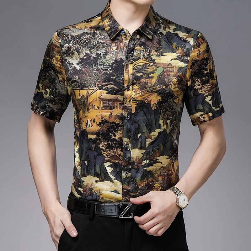 Mulberry Silk Satin Floral Artsy Print Short Sleeves Button Down Men Shirt - Image 2